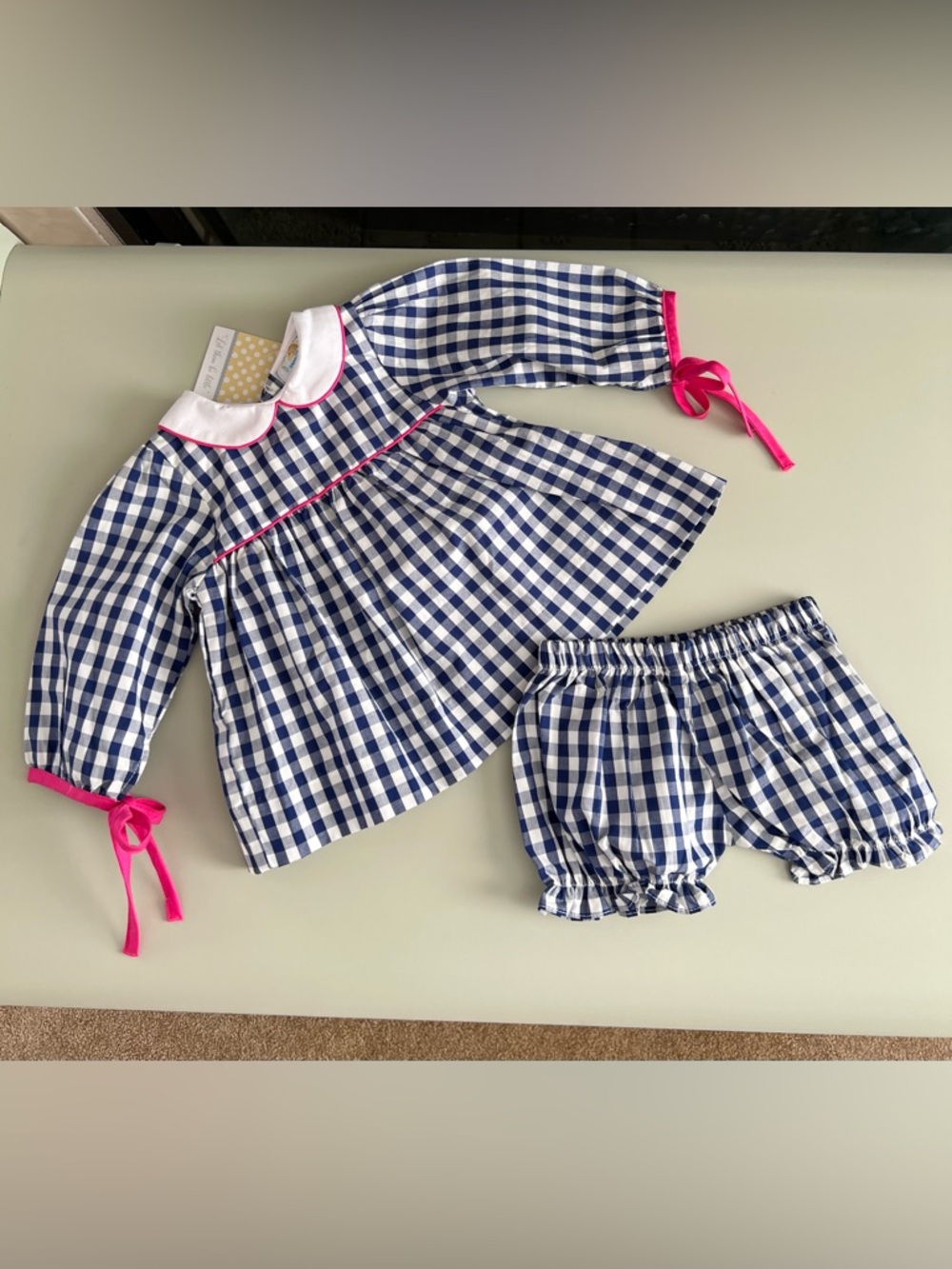 The Smocking Bug Navy Gingham Baby Top & Bloomers with Pink Trim
